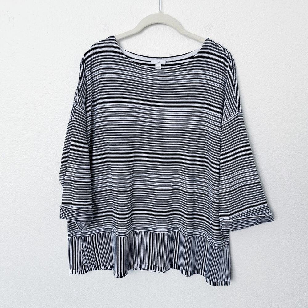 [J. Jill] Navy Blue White Striped Boxy 3/4 Sleeve Boat Neck Tunic Top Sz Large L
